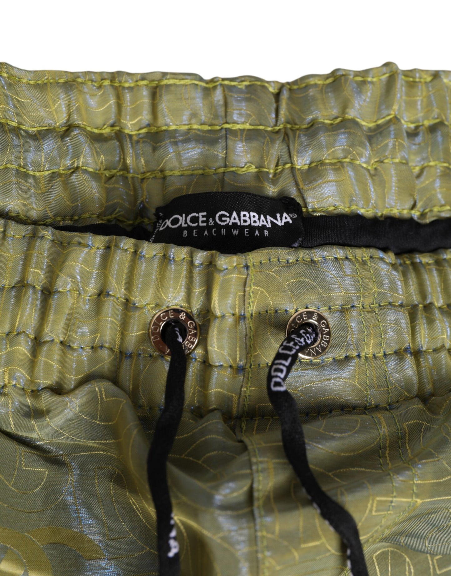 Dolce & Gabbana Grüner Polyester Metallic-Logo-Druck Herren-Badebekleidung