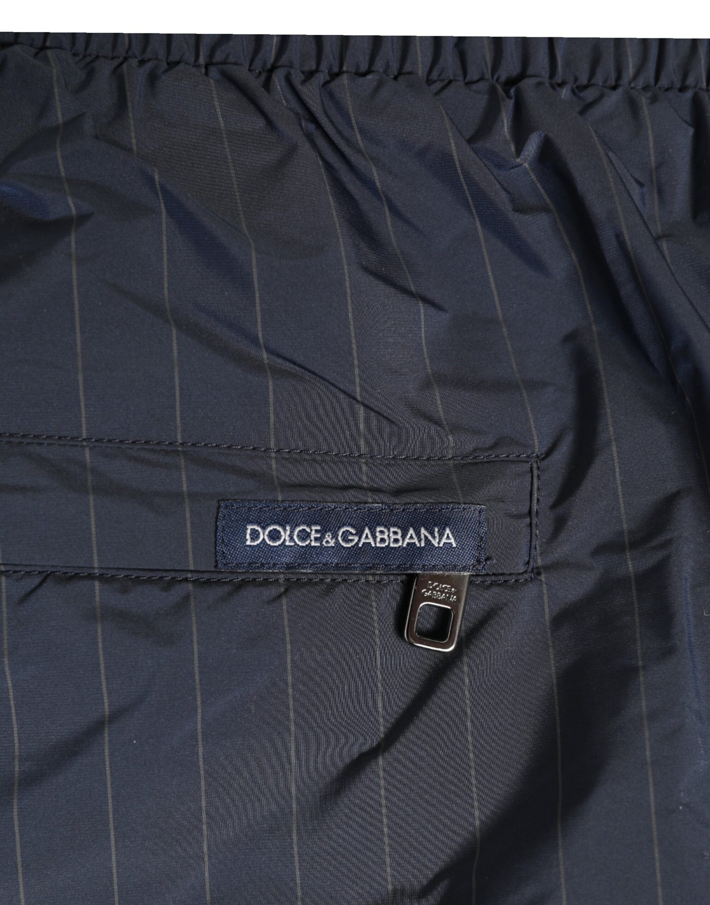 Dolce & Gabbana Marineblaue Polyester-Nylon-Nadelstreifen Herren-Badebekleidung