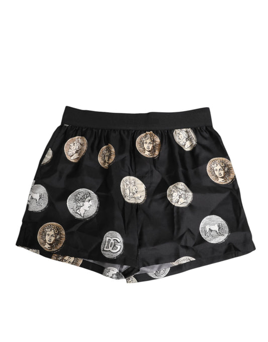 Dolce & Gabbana Black Silk Ancient Coin Print Boxer Short Badehose