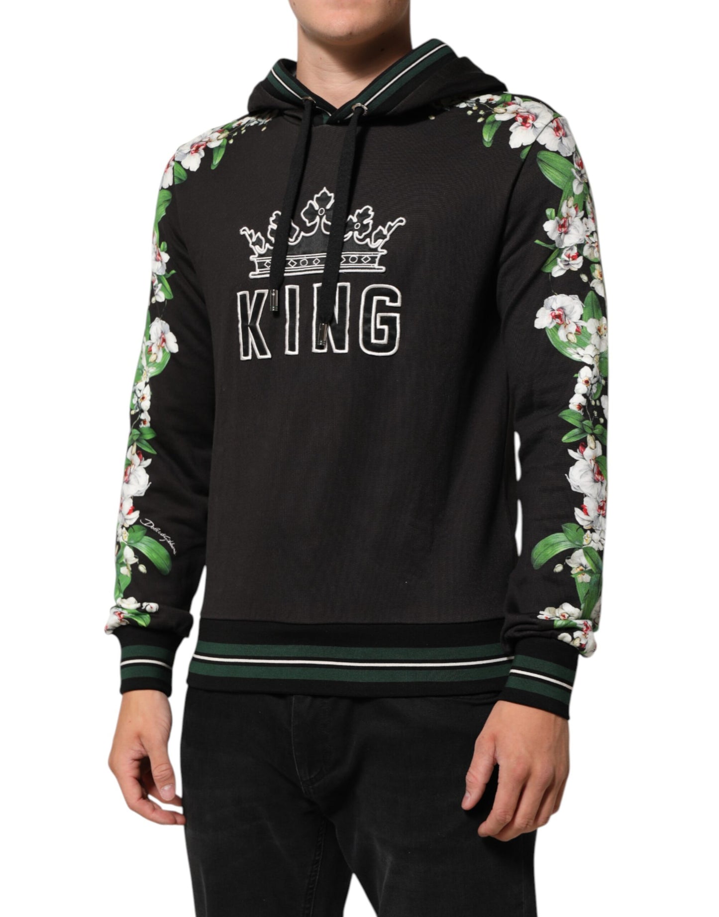 Dolce & Gabbana KING Kapuzenpullover mit Blumenkrone und schwarzer Orchidee