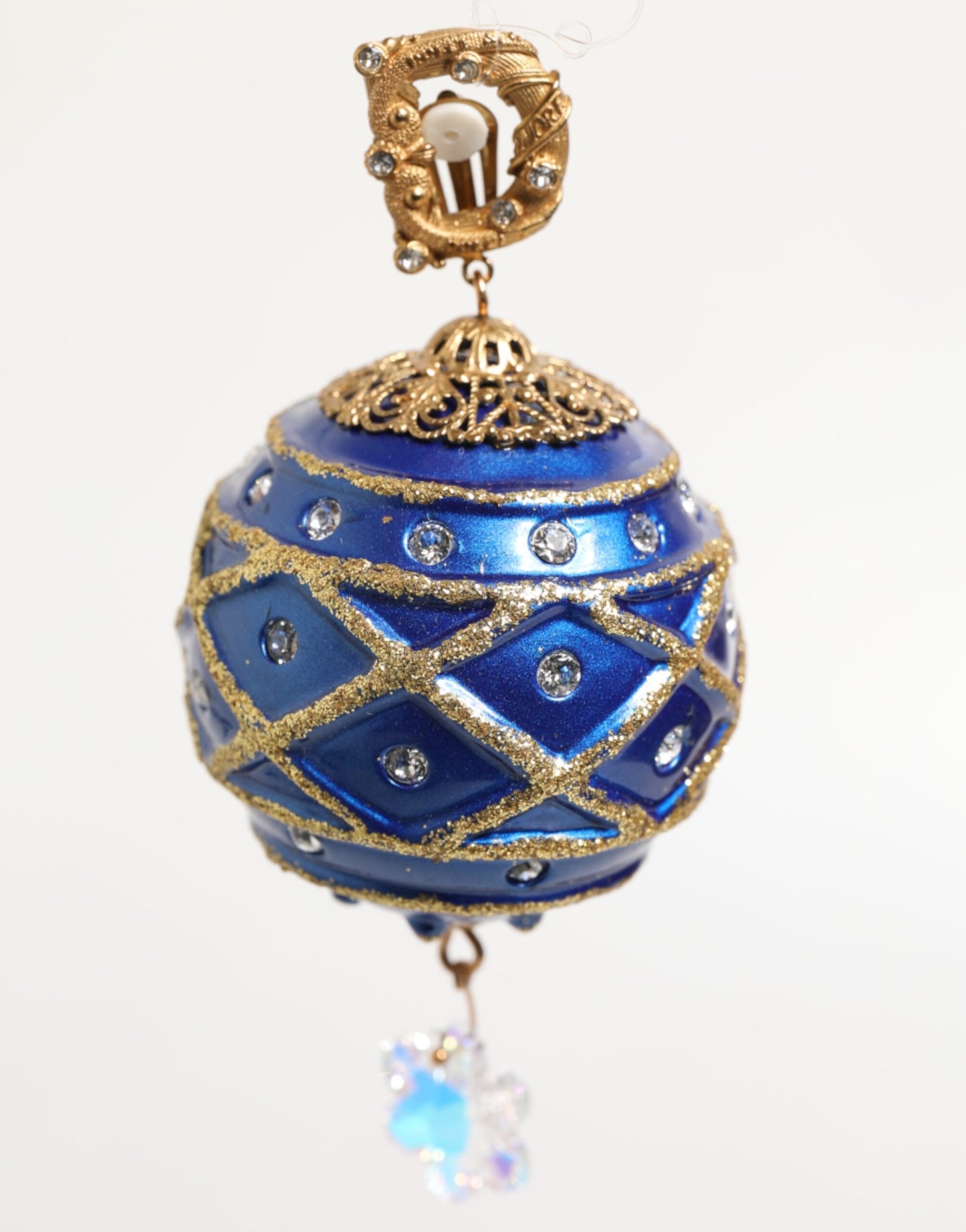 Dolce & Gabbana Gold Messing Blau Weihnachten Kugel Kristall Tropfen Clip auf Ohrringe