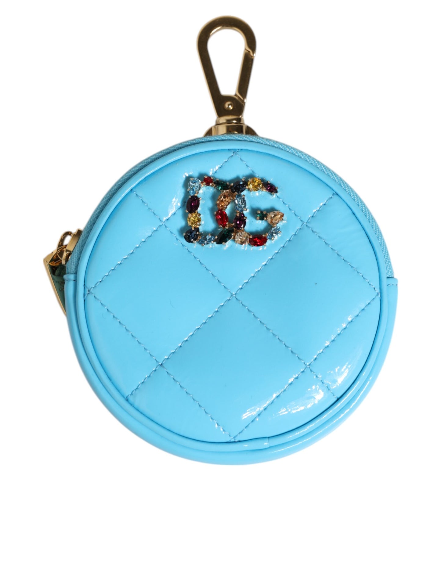 Dolce & Gabbana Azurblaue Leder Runde Münze Geldbörse Schlüsselanhänger Crystal Logo Brieftasche