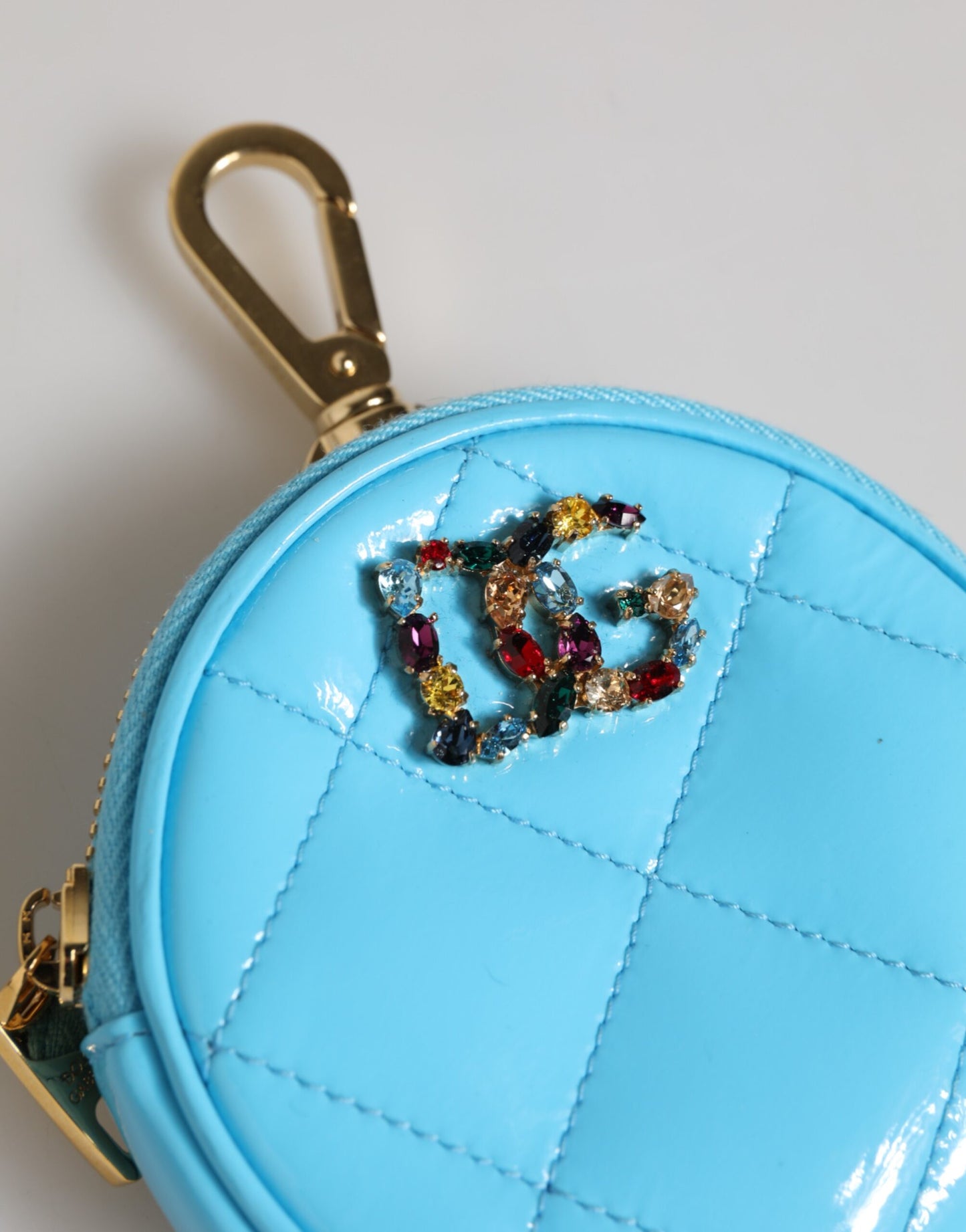 Dolce & Gabbana Azurblaue Leder Runde Münze Geldbörse Schlüsselanhänger Crystal Logo Brieftasche