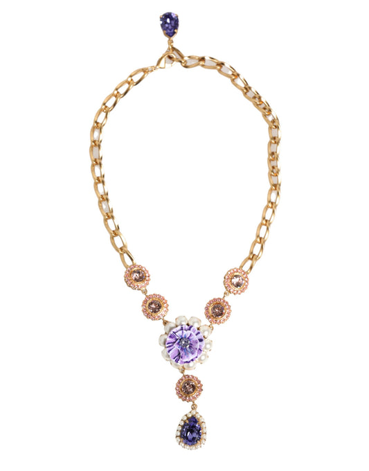 Dolce & Gabbana Gold Messing Kristall Perle Lila Floral Anhänger Schmuck Halskette