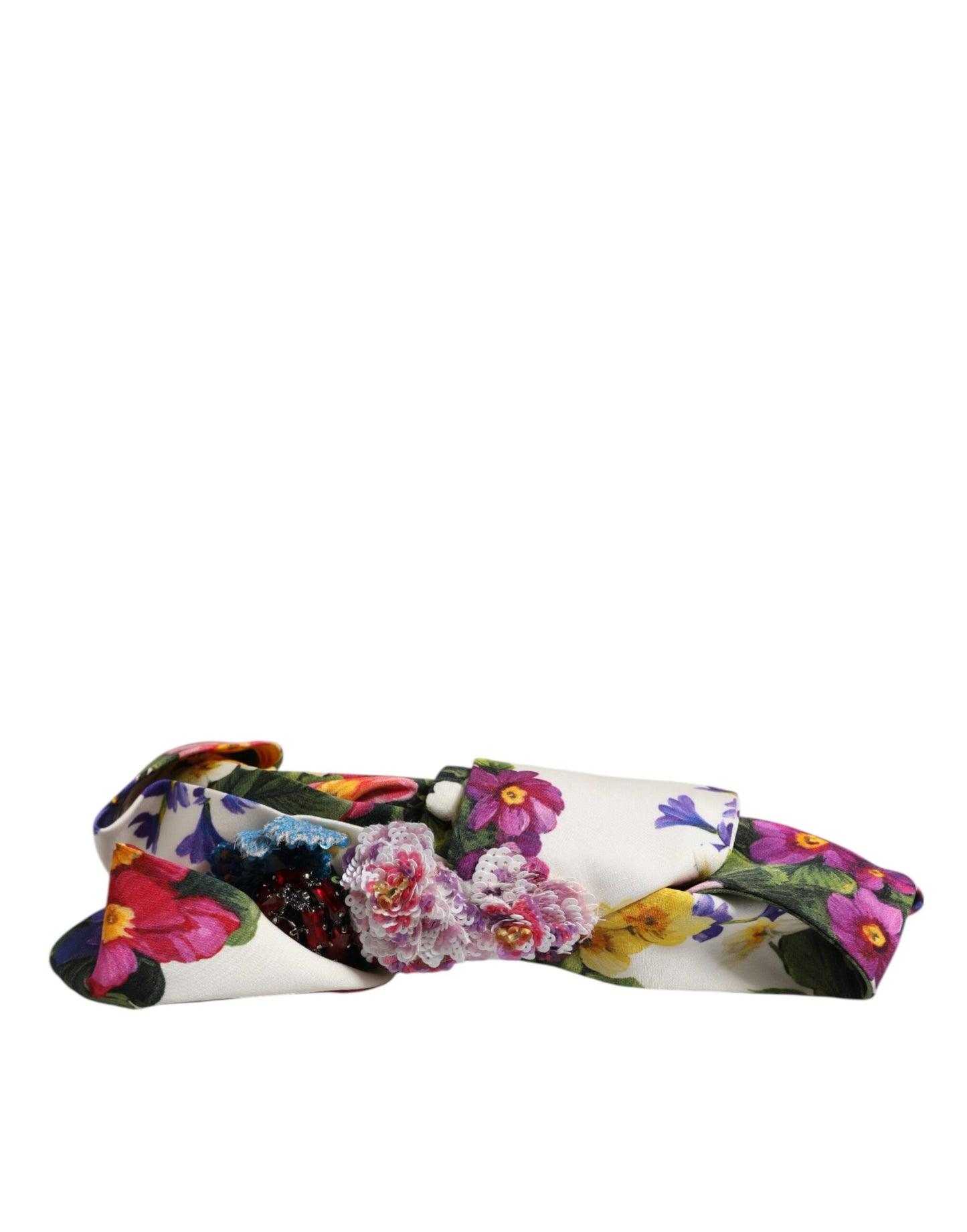 Dolce & Gabbana Weißes Multicolor Floral Silk Bow Crystal verschönertes Stirnband