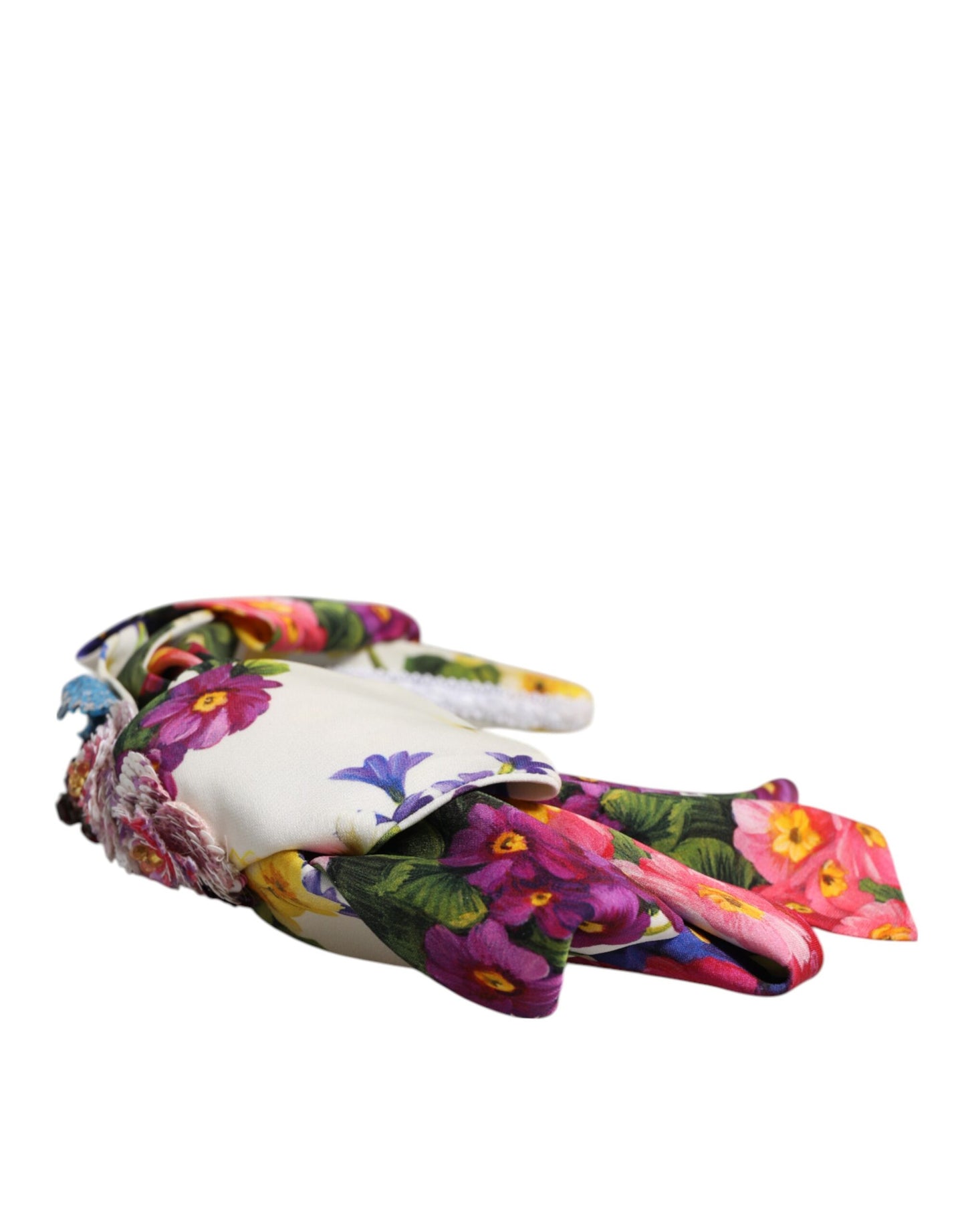 Dolce & Gabbana Weißes Multicolor Floral Silk Bow Crystal verschönertes Stirnband