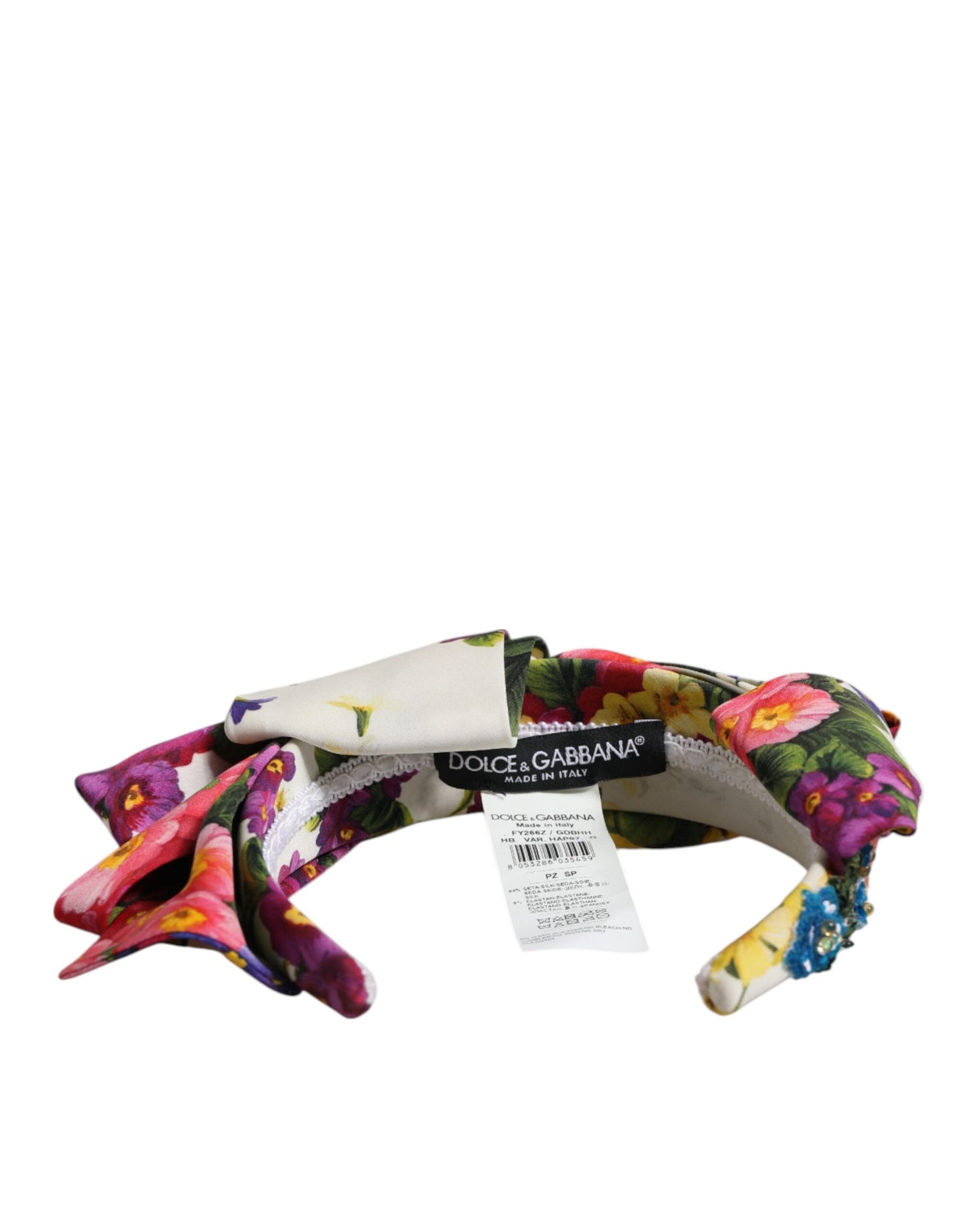 Dolce & Gabbana Weißes Multicolor Floral Silk Bow Crystal verschönertes Stirnband