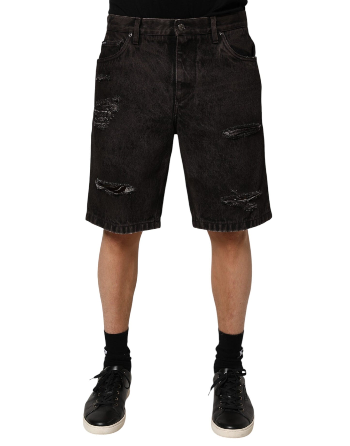 Dolce & Gabbana Schwarz Baumwolle Tattered Denim Männer Bermuda Short