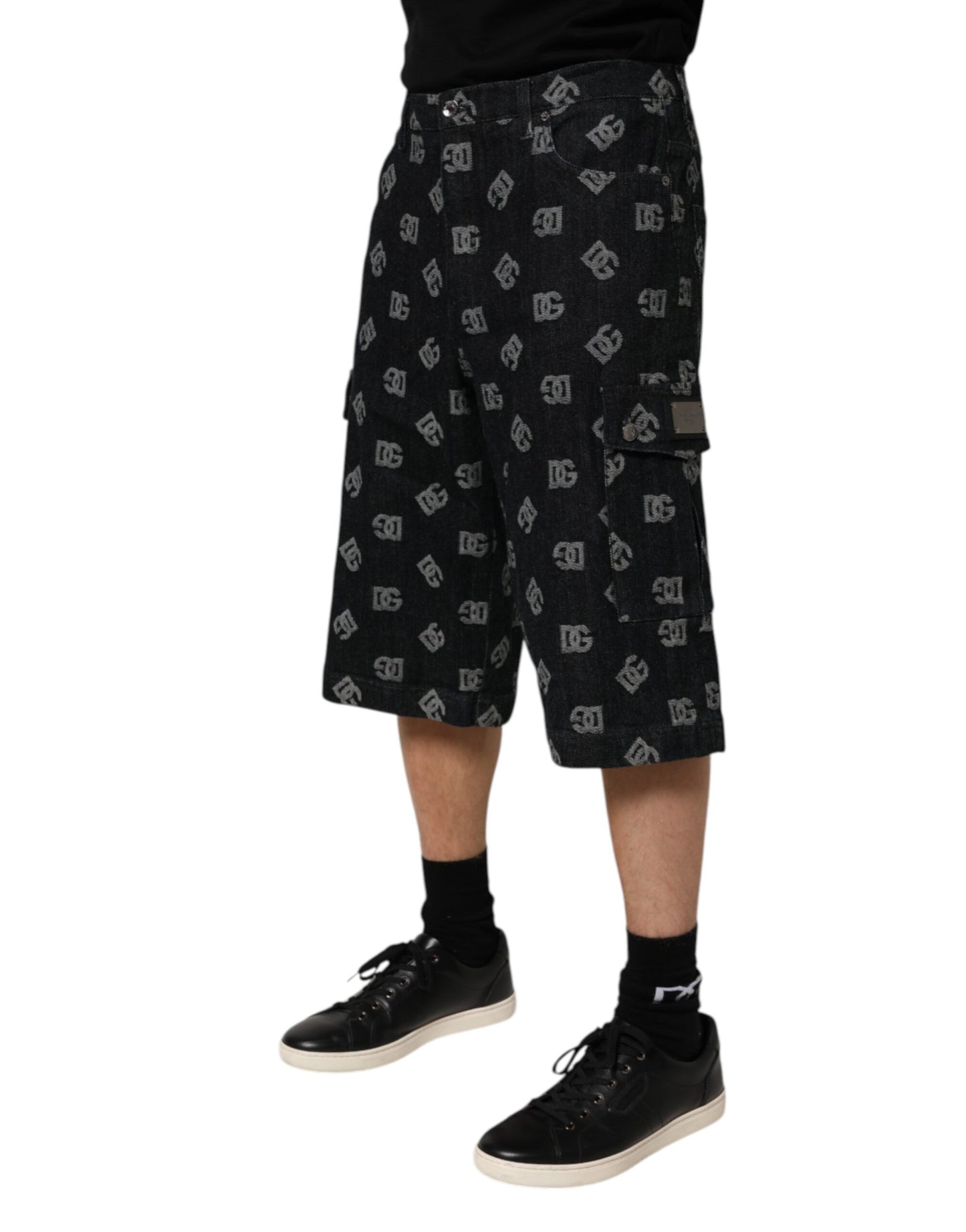 Dolce & Gabbana Schwarzes Monogramm Denim Cargo Herren Bermuda Short