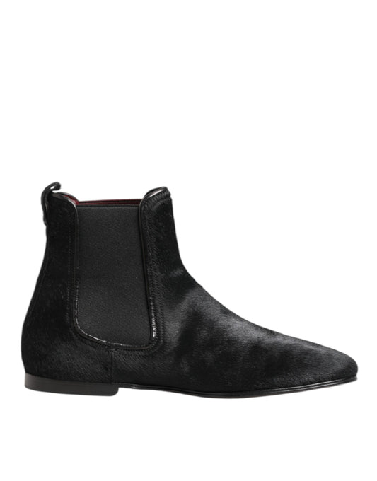 Dolce & Gabbana Schwarz Leder Pelz Männer CHELSEA Stiefel Schuhe