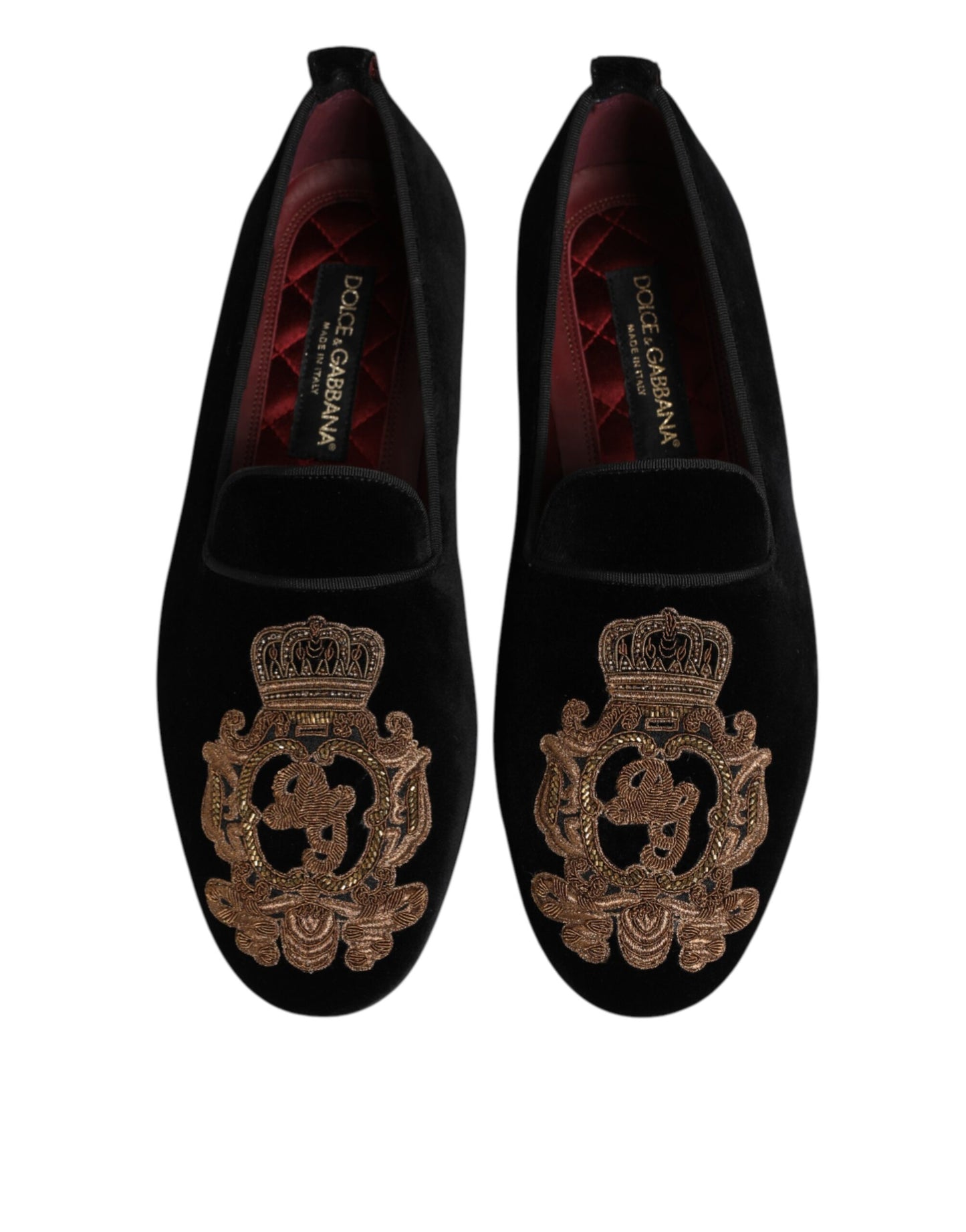 Dolce & Gabbana Schwarzer Samt Gold Crown Herren Loafers Schuhe
