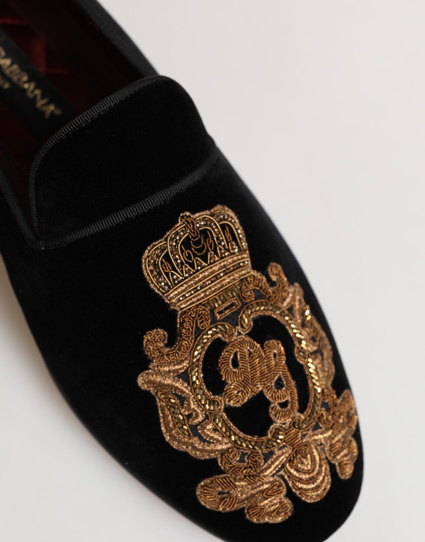 Dolce & Gabbana Schwarzer Samt Gold Crown Herren Loafers Schuhe