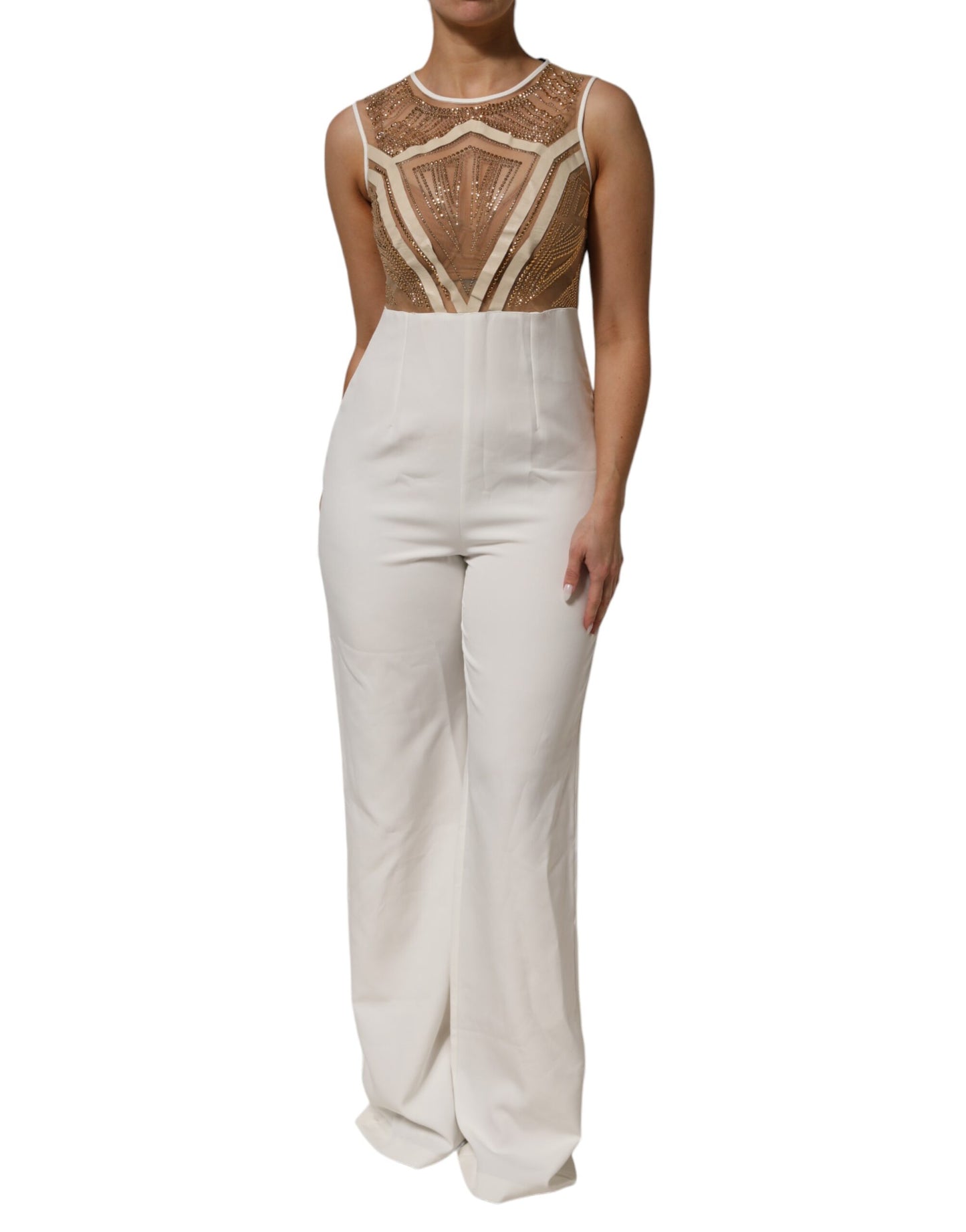 Mangano Weißer Beige Mesh Kristall verschönert ärmelloser Jumpsuit