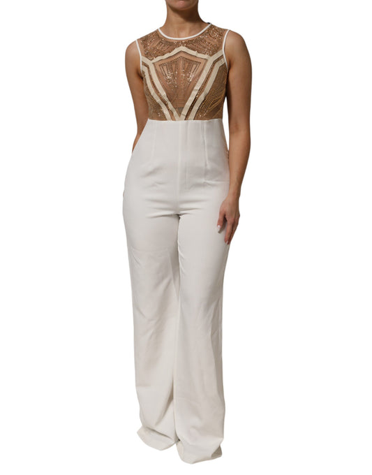 Mangano Weißer Beige Mesh Kristall verschönert ärmelloser Jumpsuit