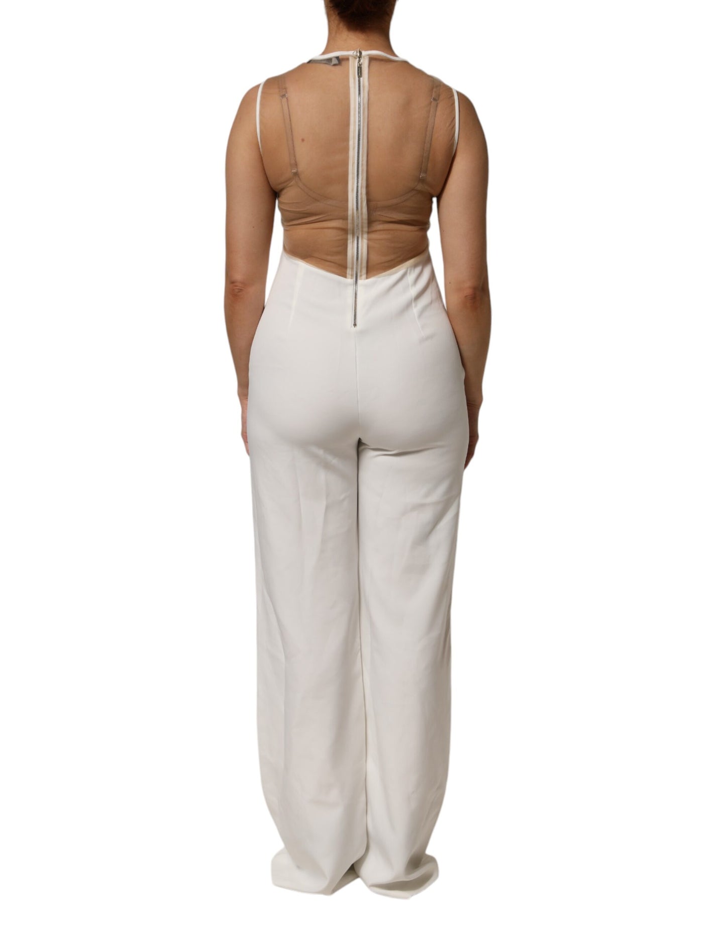 Mangano Weißer Beige Mesh Kristall verschönert ärmelloser Jumpsuit