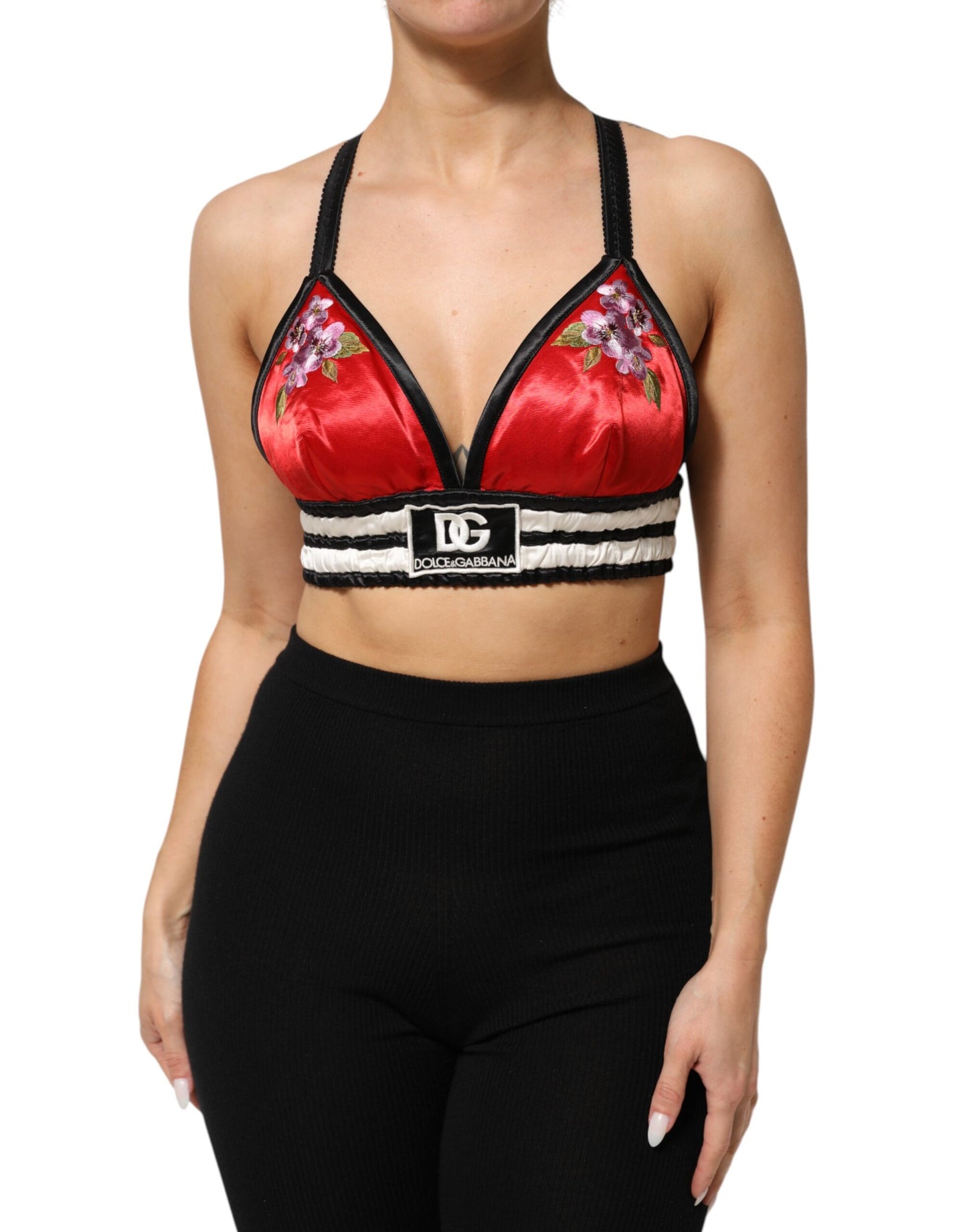 Dolce & Gabbana Rotes Satin Bralette Crop Top mit Blumenstickerei