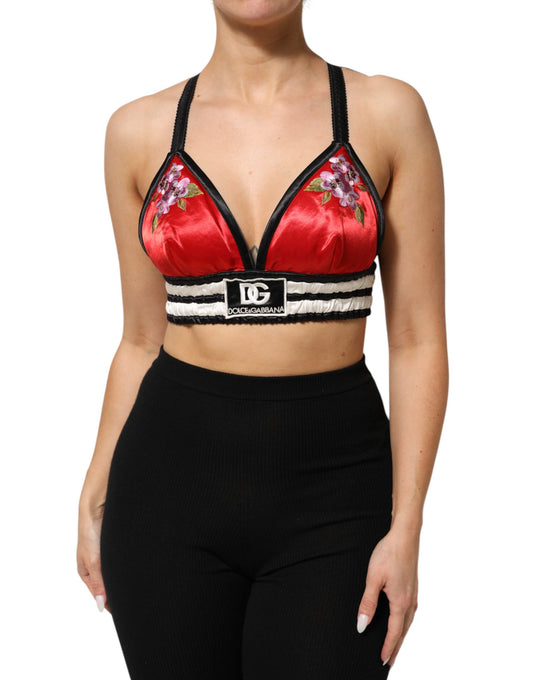 Dolce & Gabbana Rotes Satin Bralette Crop Top mit Blumenstickerei