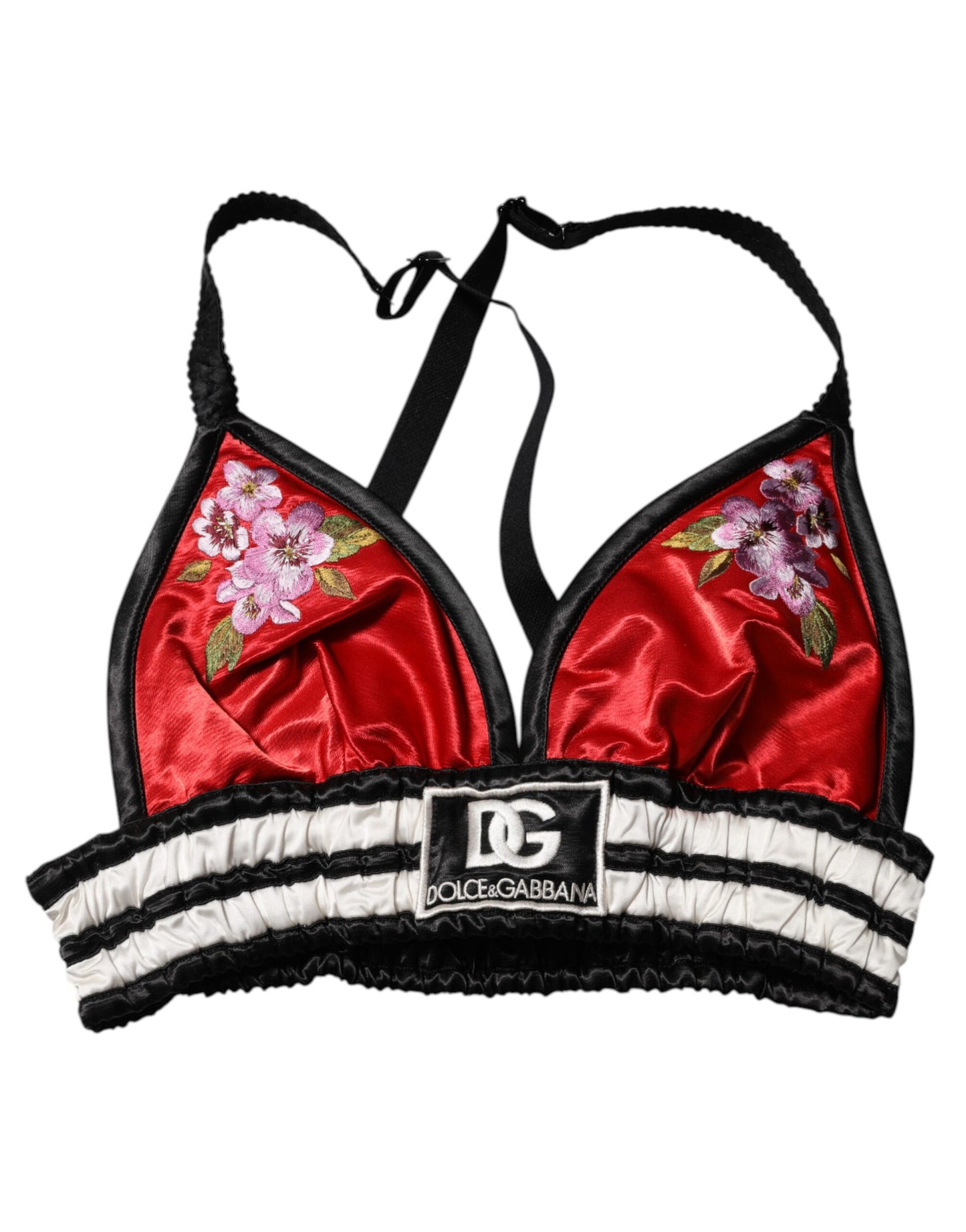 Dolce & Gabbana Rotes Satin Bralette Crop Top mit Blumenstickerei