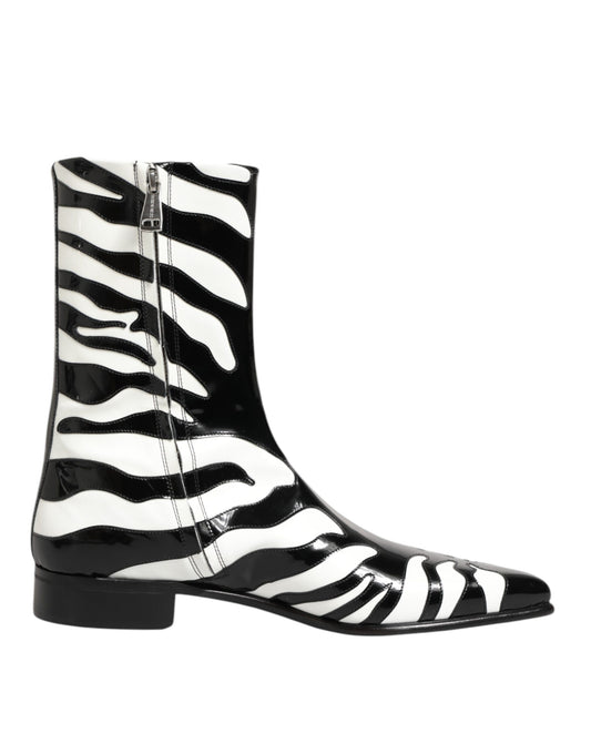 Dolce & Gabbana Schwarz Weiß Zebra Leder Mid Calf Stiefel Schuhe