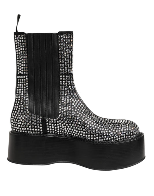 Dolce & Gabbana Schwarz Crystal Strass Mid Calf Kurze Stiefel Schuhe
