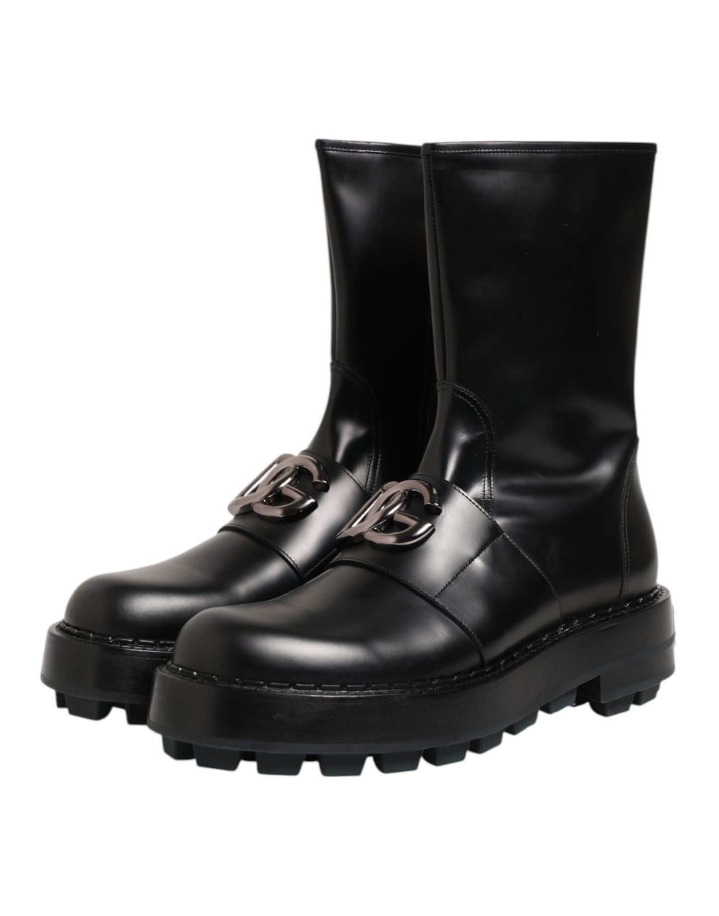 Dolce & Gabbana Schwarze Logo-Plakette Mid Calf Biker Boots Schuhe