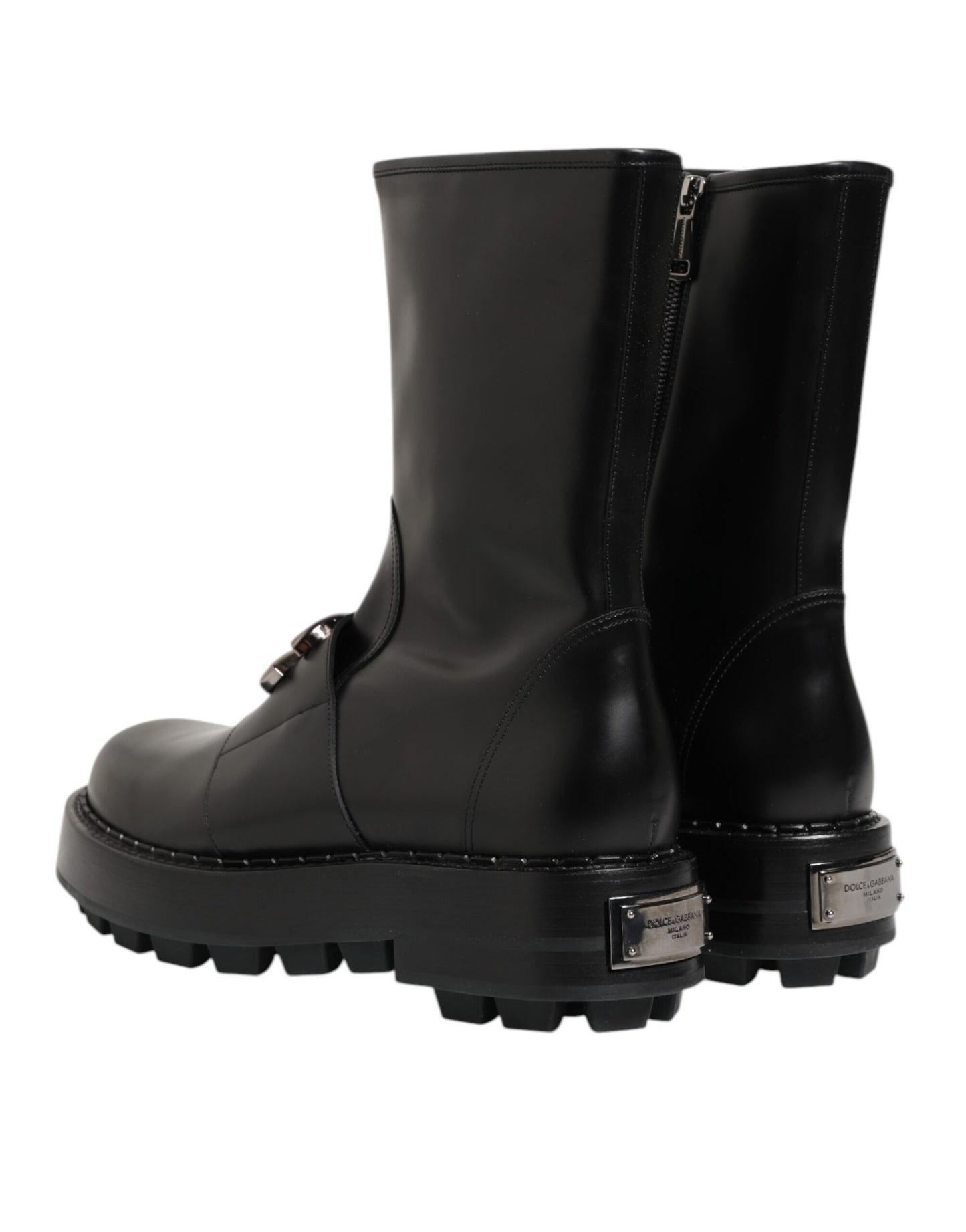 Dolce & Gabbana Schwarze Logo-Plakette Mid Calf Biker Boots Schuhe