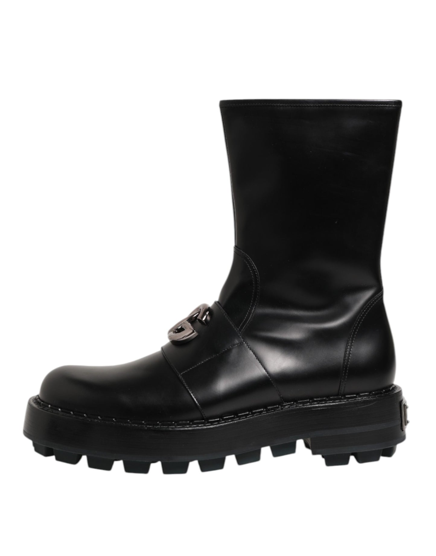 Dolce & Gabbana Schwarze Logo-Plakette Mid Calf Biker Boots Schuhe