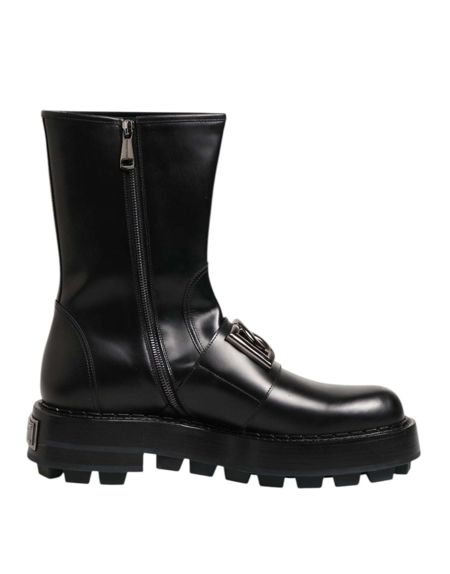 Dolce & Gabbana Schwarze Logo-Plakette Mid Calf Biker Boots Schuhe