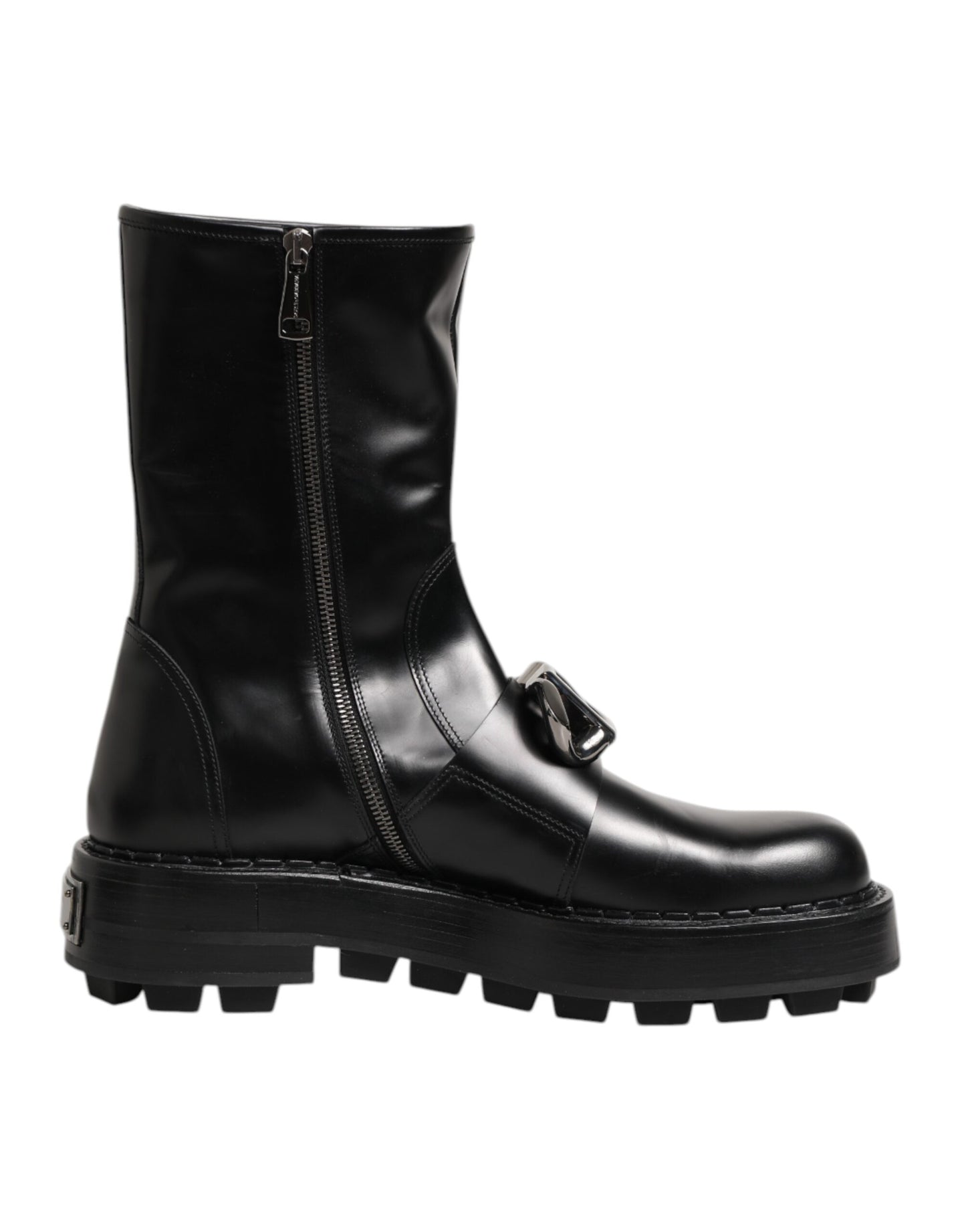Dolce & Gabbana Schwarze Logo-Plakette Mid Calf Biker Boots Schuhe