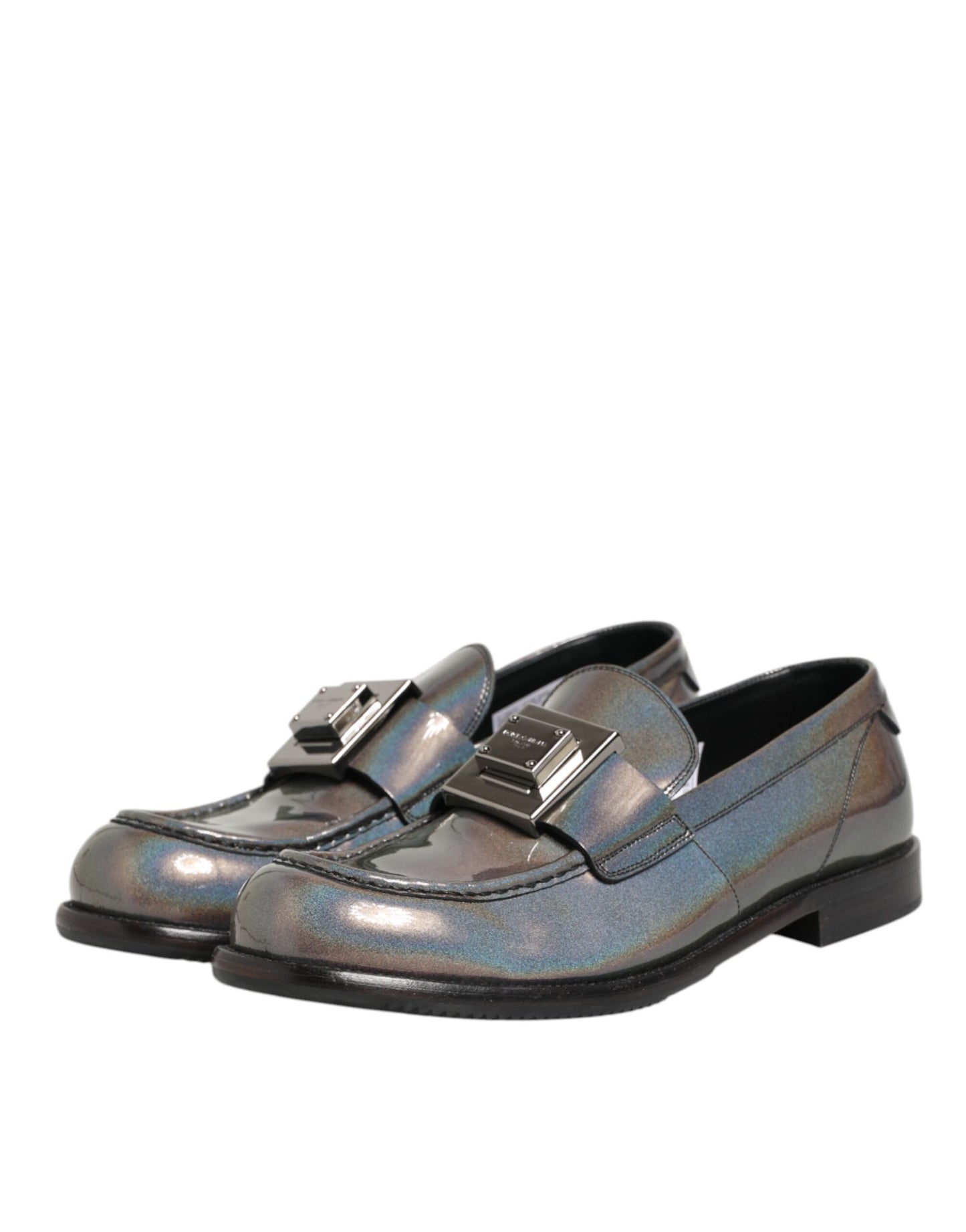 Dolce & Gabbana Metallic Silber Logo Slip On Männer Kleid Schuhe