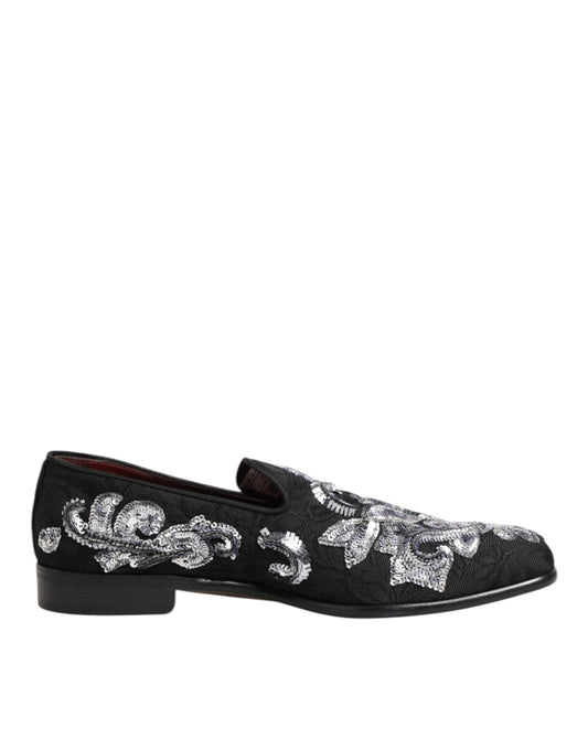 Dolce & Gabbana Schwarz Silber Pailletten Loafers Männer Kleid Schuhe