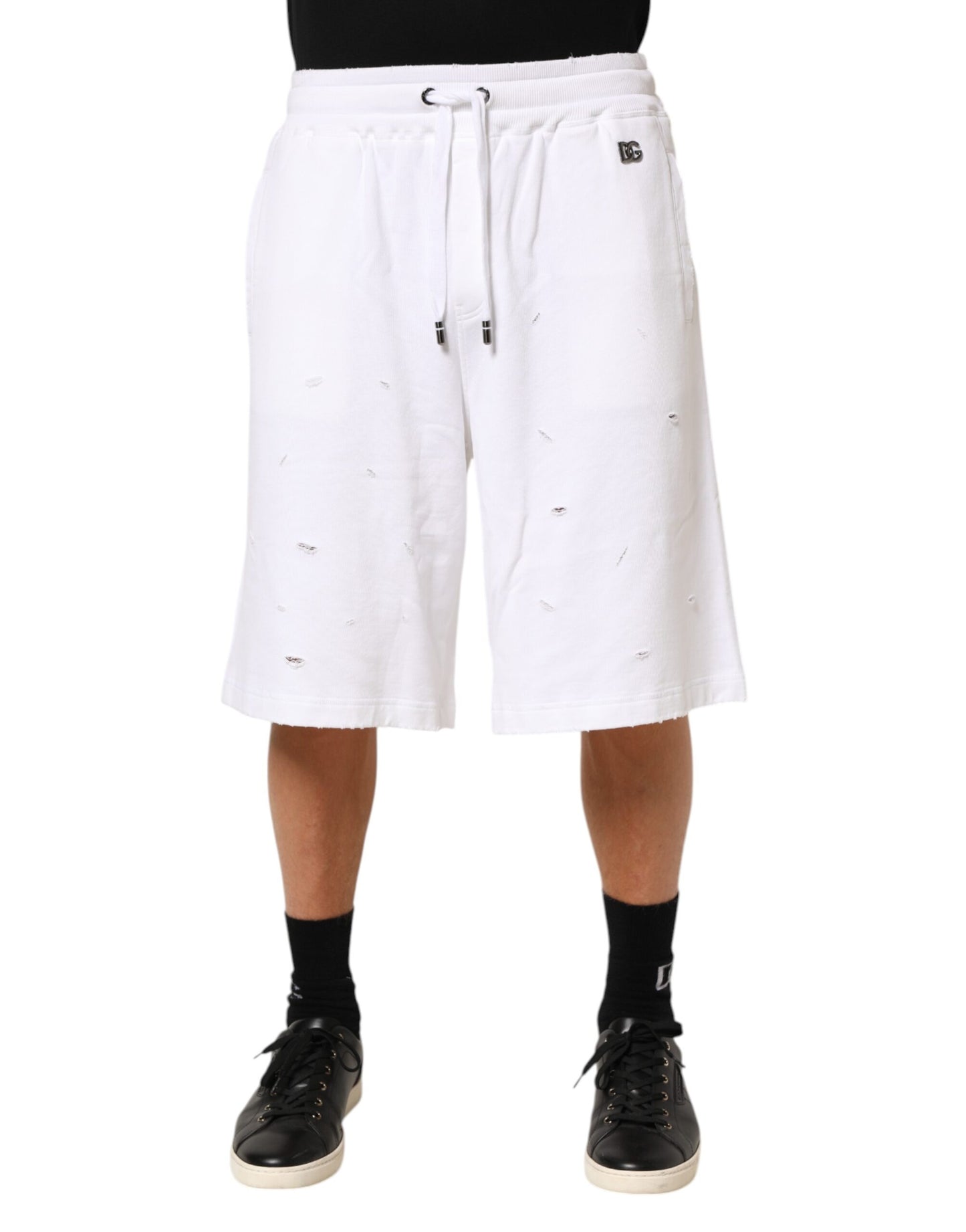 Dolce & Gabbana Weiße Bermuda-Sweatpants aus Baumwolle mit Rissen Shorts