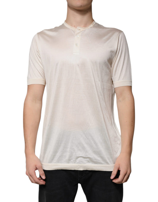 Dolce & Gabbana Off White Silk Henley T-Shirt mit kurzen Ärmeln