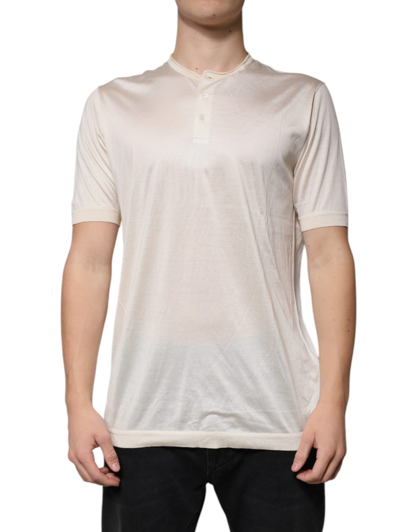 Dolce & Gabbana Off White Silk Henley T-Shirt mit kurzen Ärmeln