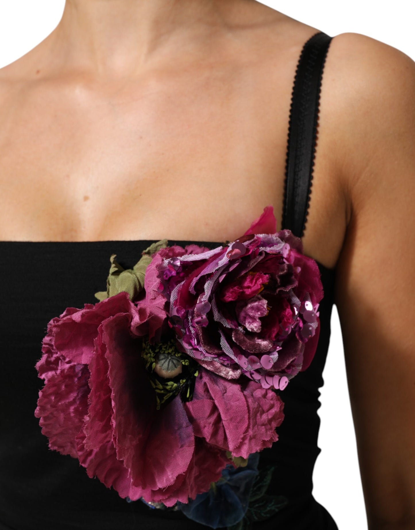 Dolce & Gabbana Schwarzes Blumenapplikationen Bodycon Etuikleid