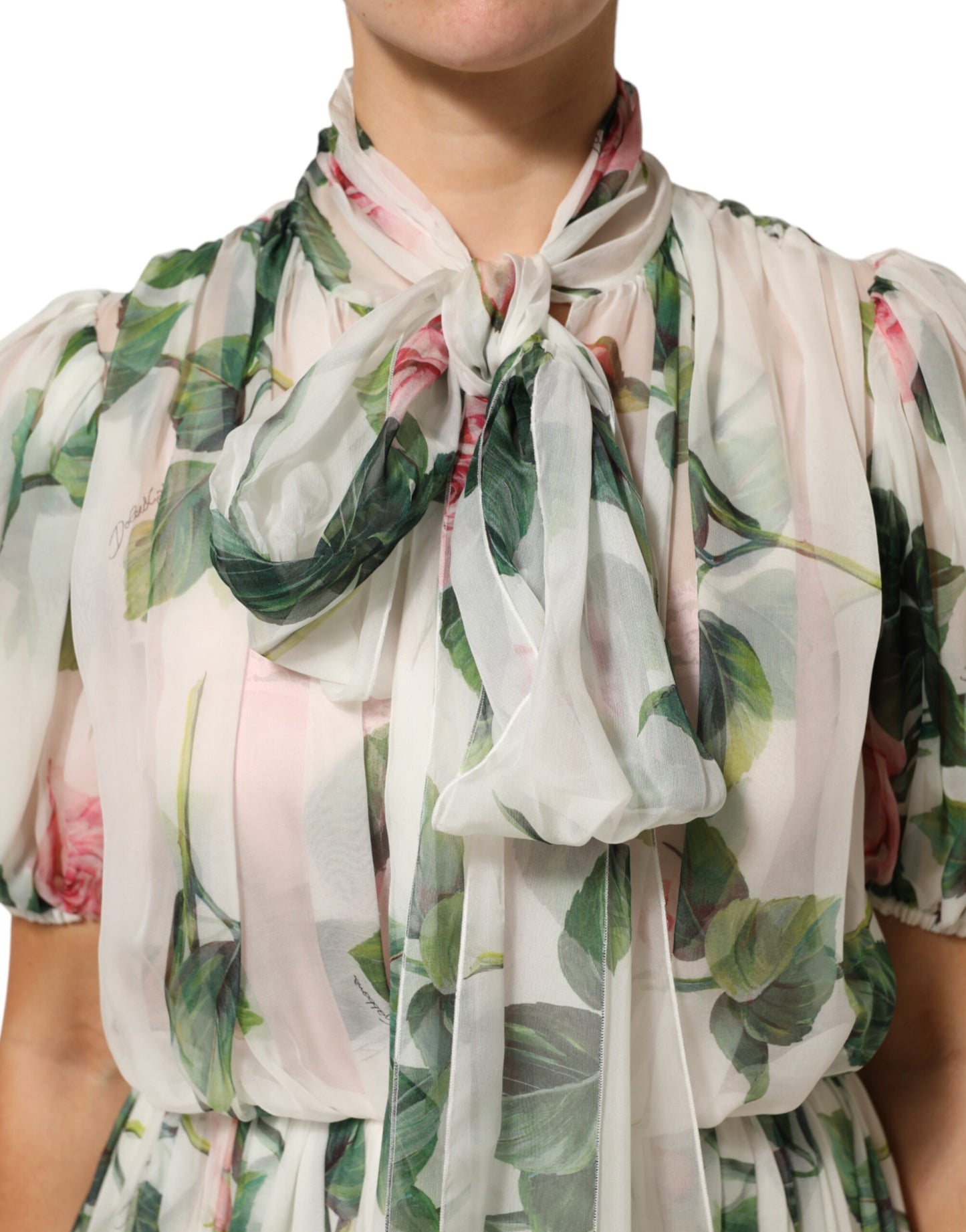 Dolce & Gabbana Weißes Midikleid aus Seide mit Blumendruck und Plissee