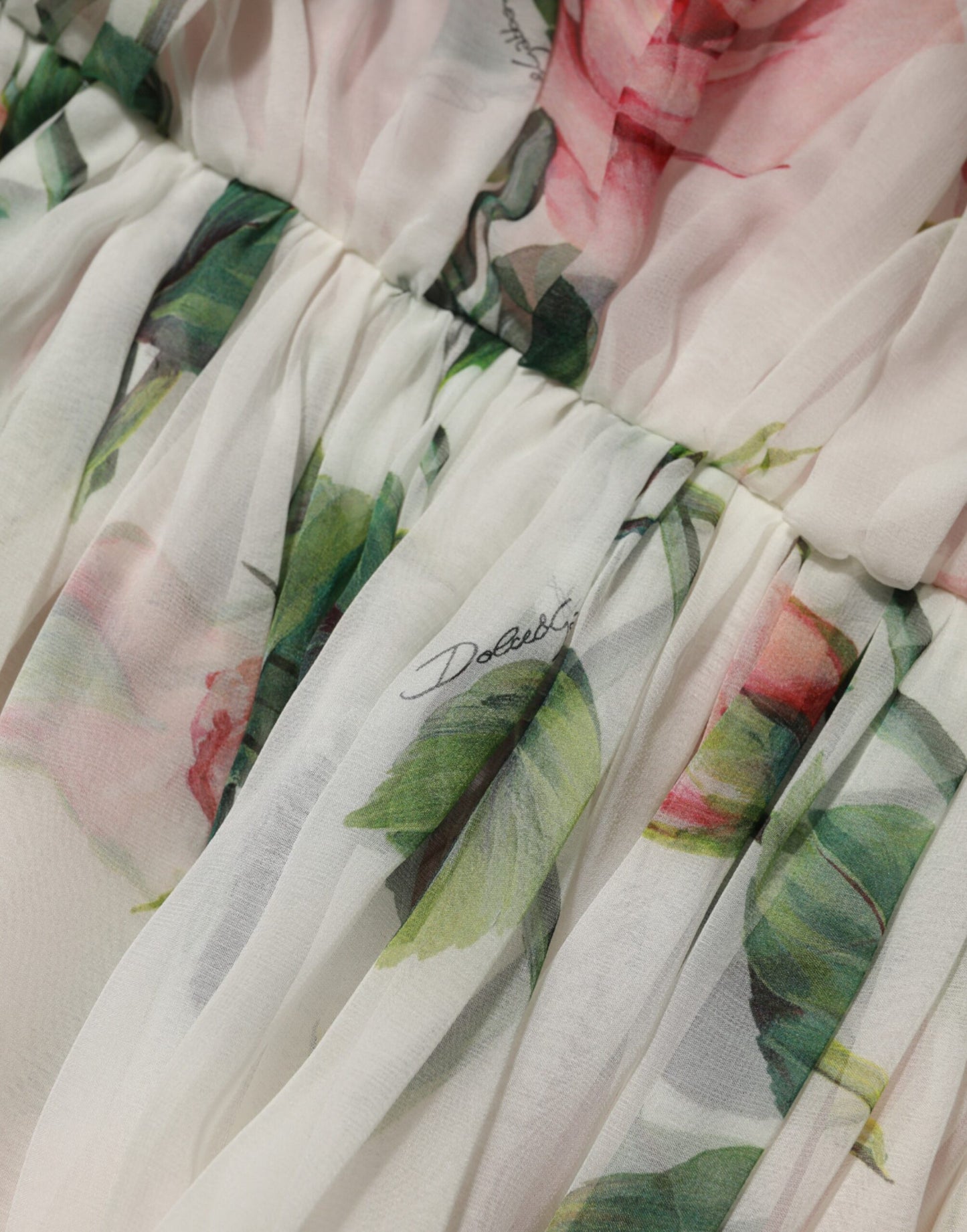 Dolce & Gabbana Weißes Midikleid aus Seide mit Blumendruck und Plissee