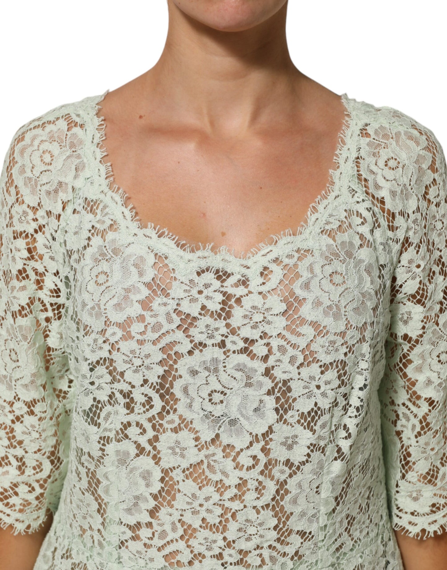 Dolce & Gabbana Mintgrünes Midikleid mit Blumenmuster und Spitzenbesatz