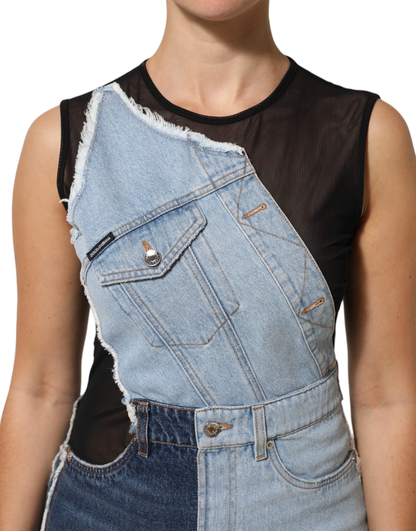 Dolce & Gabbana Blaues Nylon-Patchwork-Mini-Kleid aus Denim