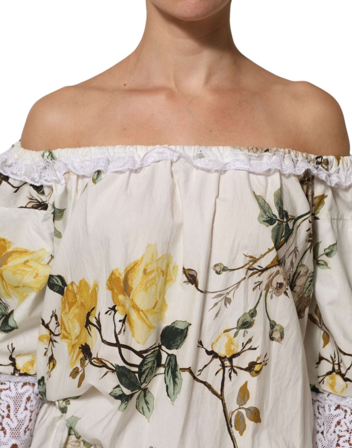 Dolce & Gabbana Weißes schulterfreies Minikleid aus Spitze mit Blumenmuster