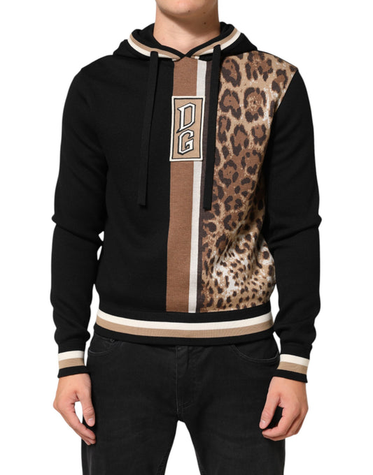 Dolce & Gabbana Schwarzes Leoparden-Logo-Sweatshirt mit Kapuze Pullover
