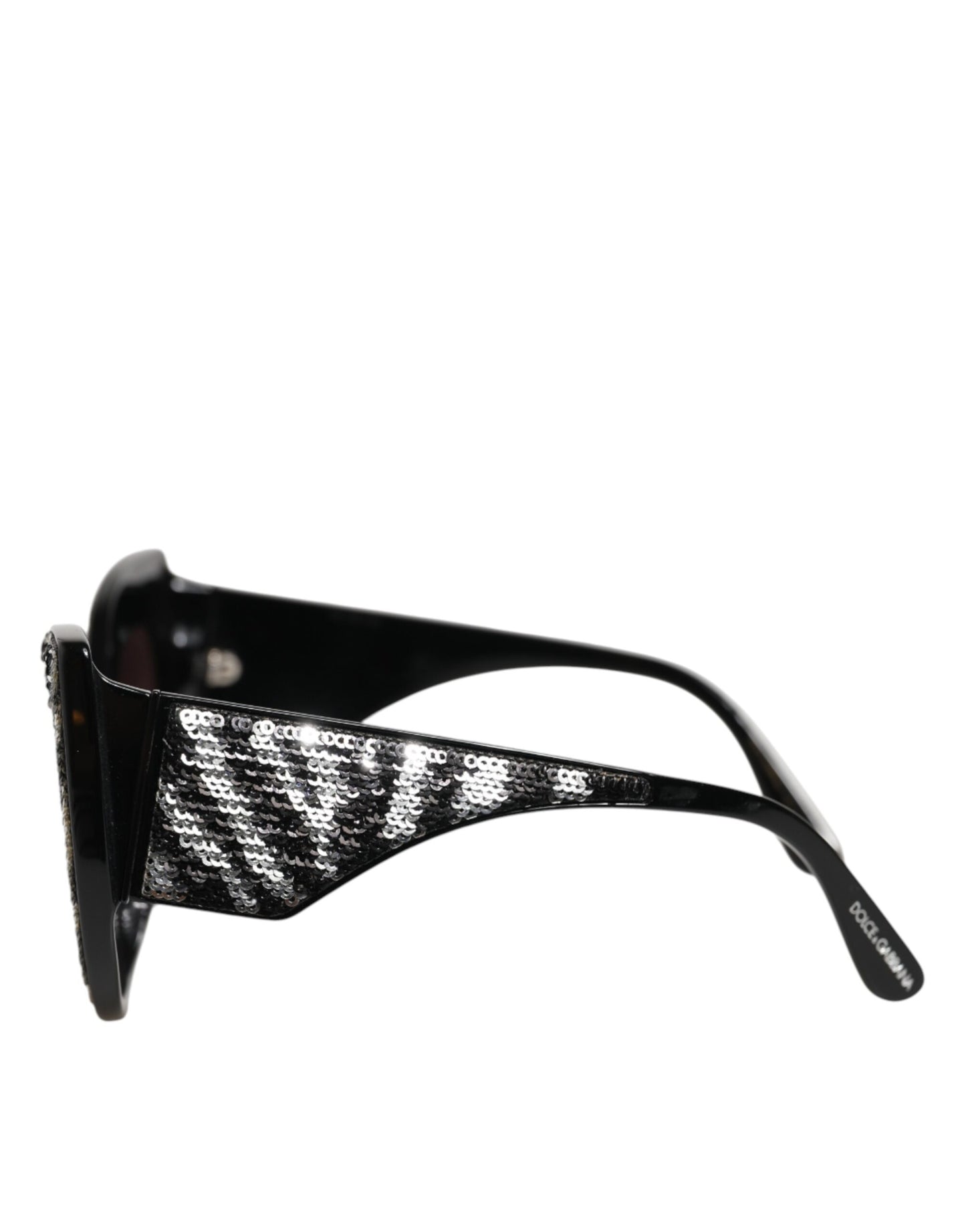 Dolce & Gabbana Sonnenbrille mit Schmetterlingsrahmen, Schwarz und Silber mit Pailletten