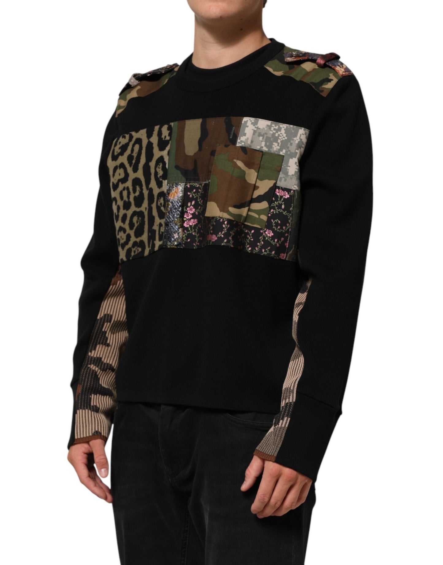 Dolce & Gabbana Schwarzer Patchwork-Pullover mit Rundhalsausschnitt