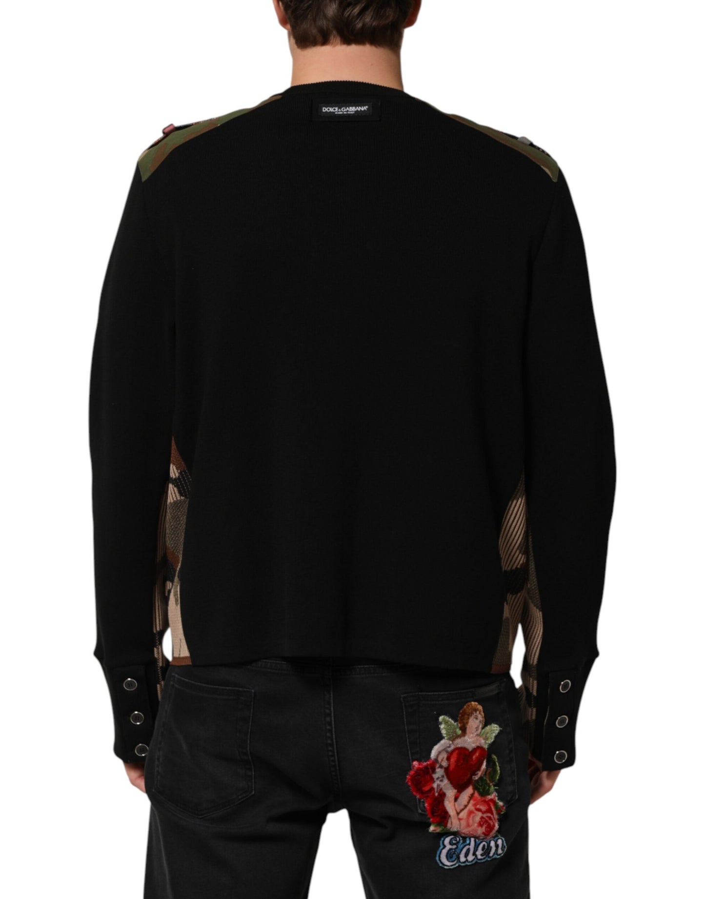 Dolce & Gabbana Schwarzer Patchwork-Pullover mit Rundhalsausschnitt