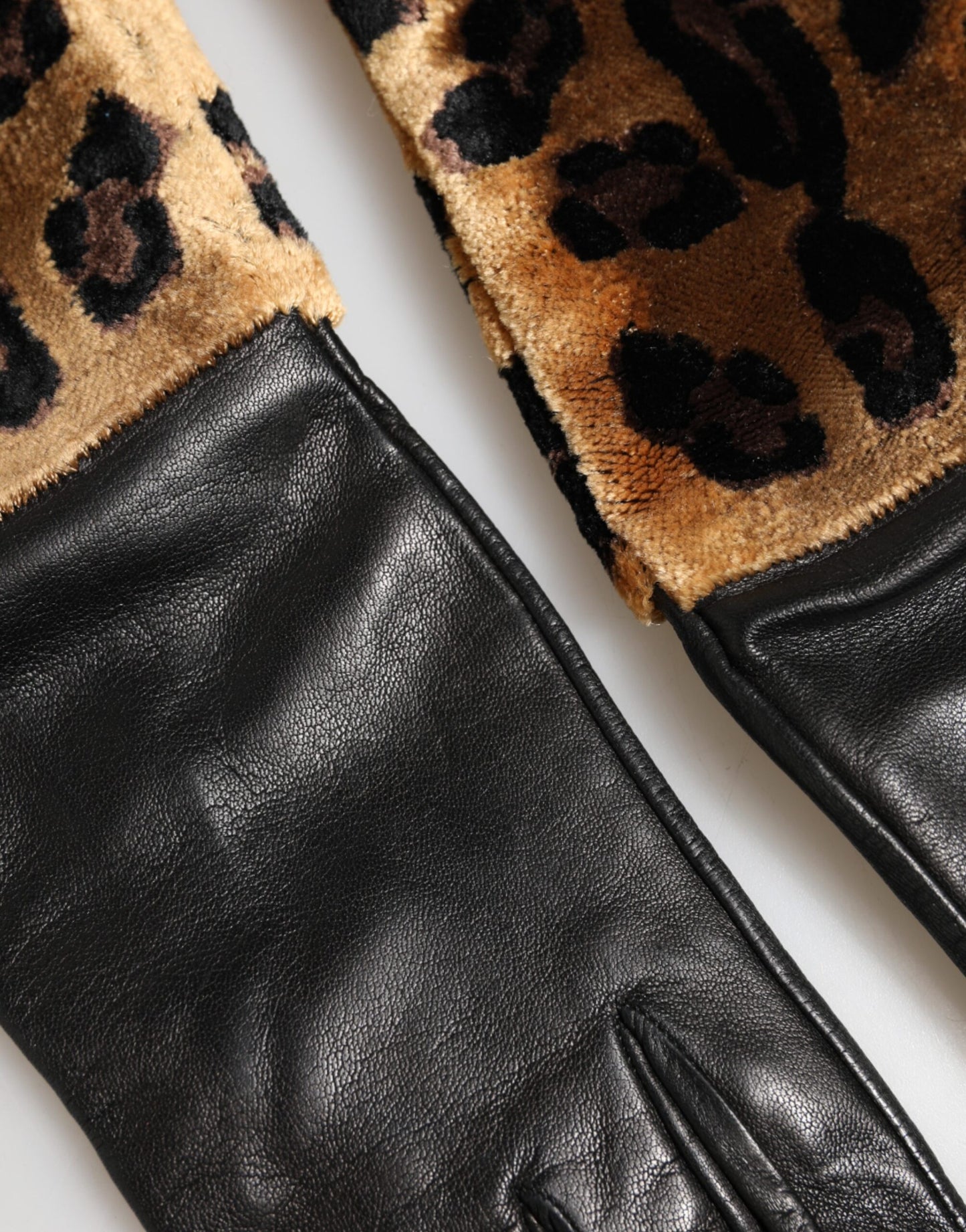 Dolce & Gabbana Braune und Schwarze Leoparden-Lederhandschuhe bis zum Ellbogen