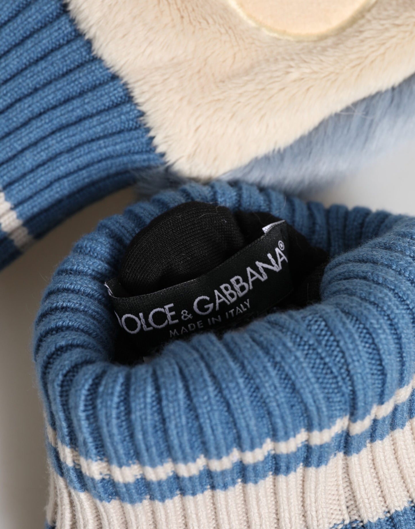 Dolce & Gabbana Blaue Acryl-Strickhandschuhe mit Fellbesatz
