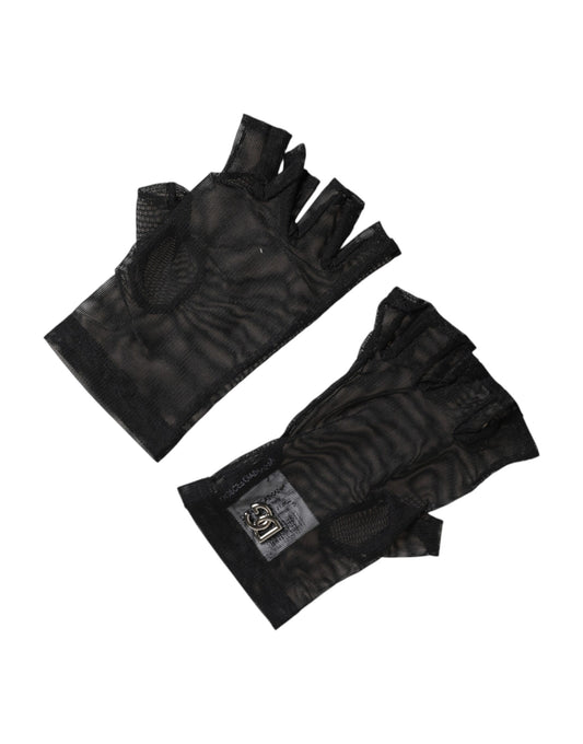 Dolce & Gabbana Schwarze Nylon-Handschuhe, fingerlos, bis zum Handgelenk