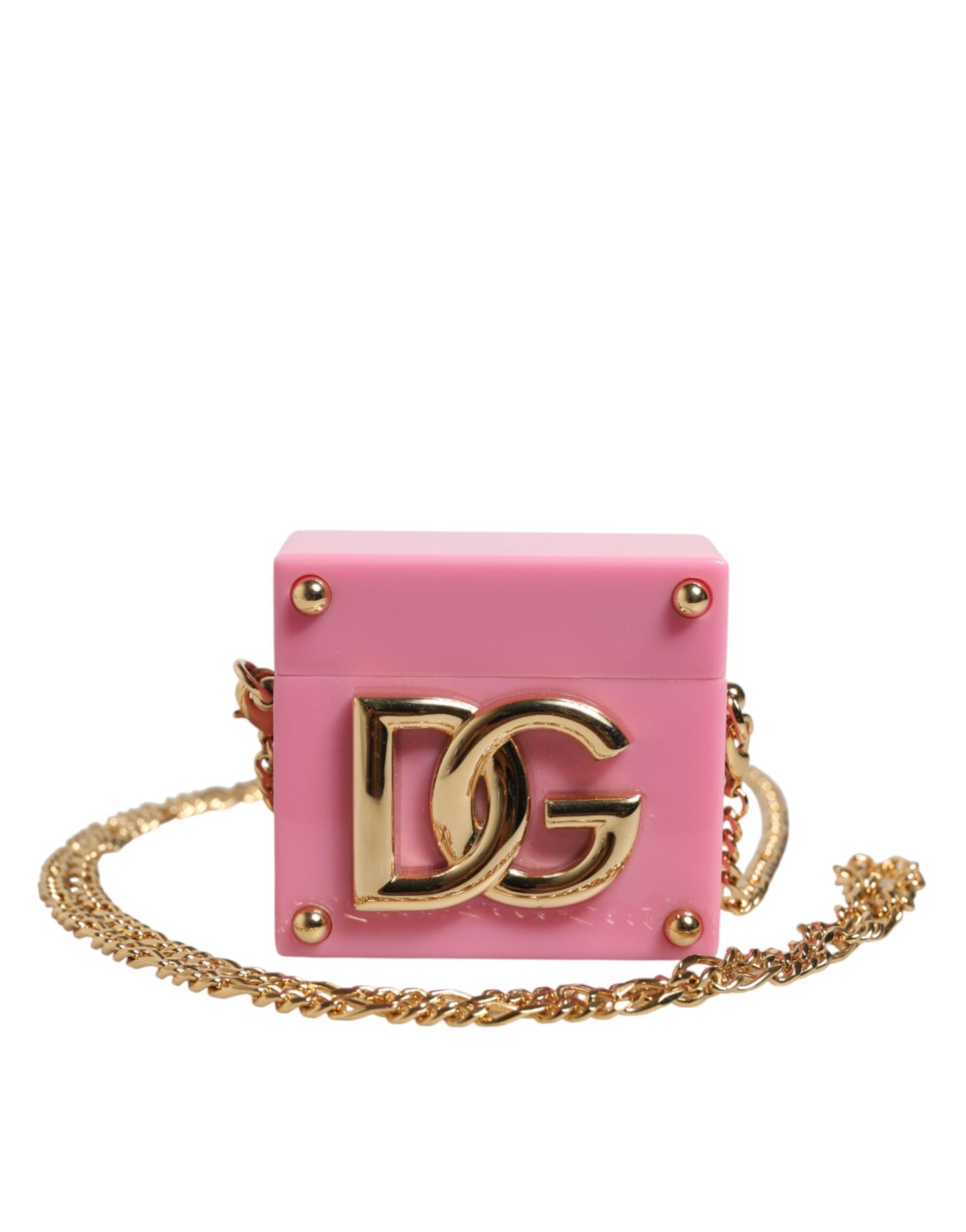 Dolce & Gabbana Pinke AirPods-Hülle mit DG-Logo-Plakette und Goldkette