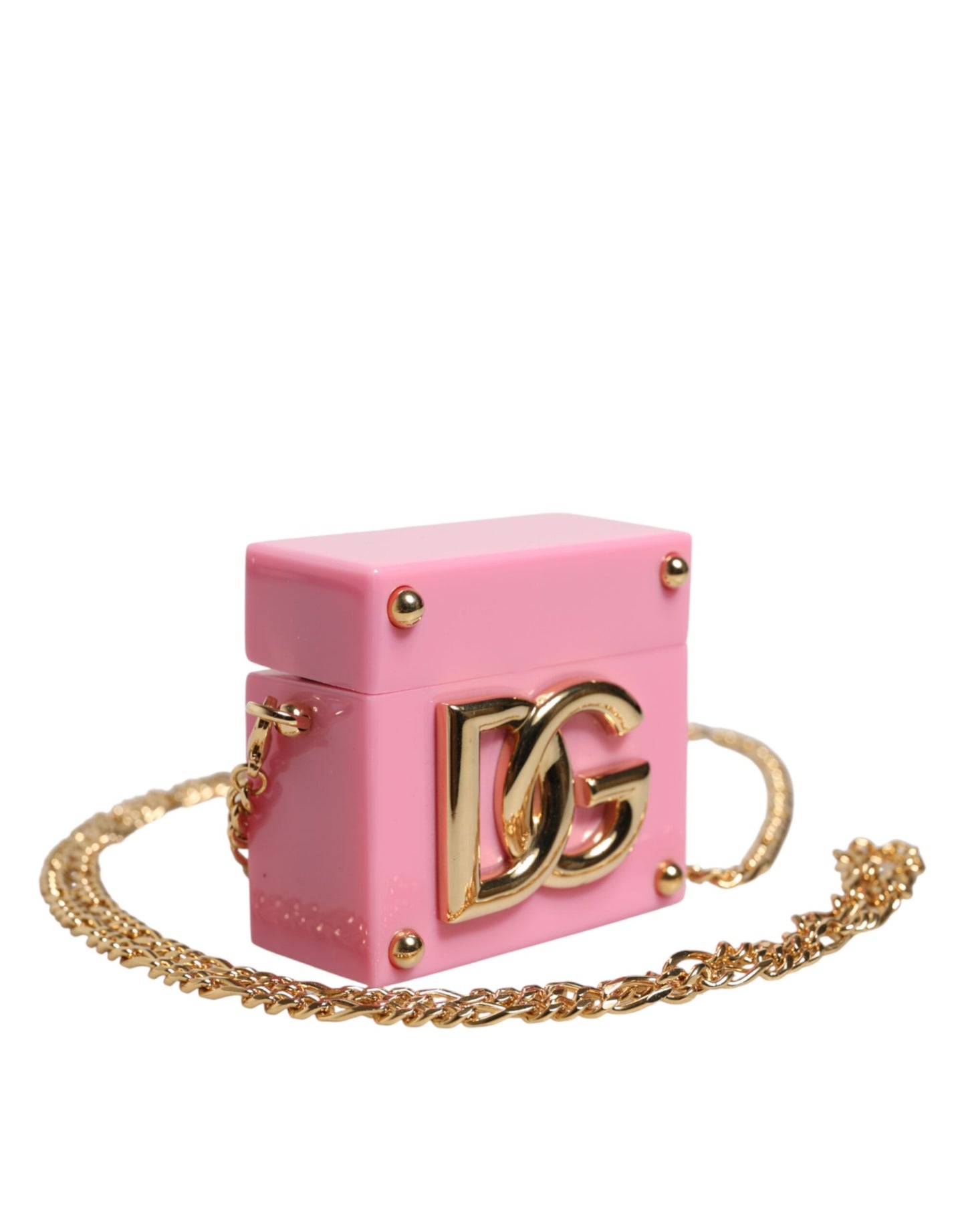Dolce & Gabbana Pinke AirPods-Hülle mit DG-Logo-Plakette und Goldkette