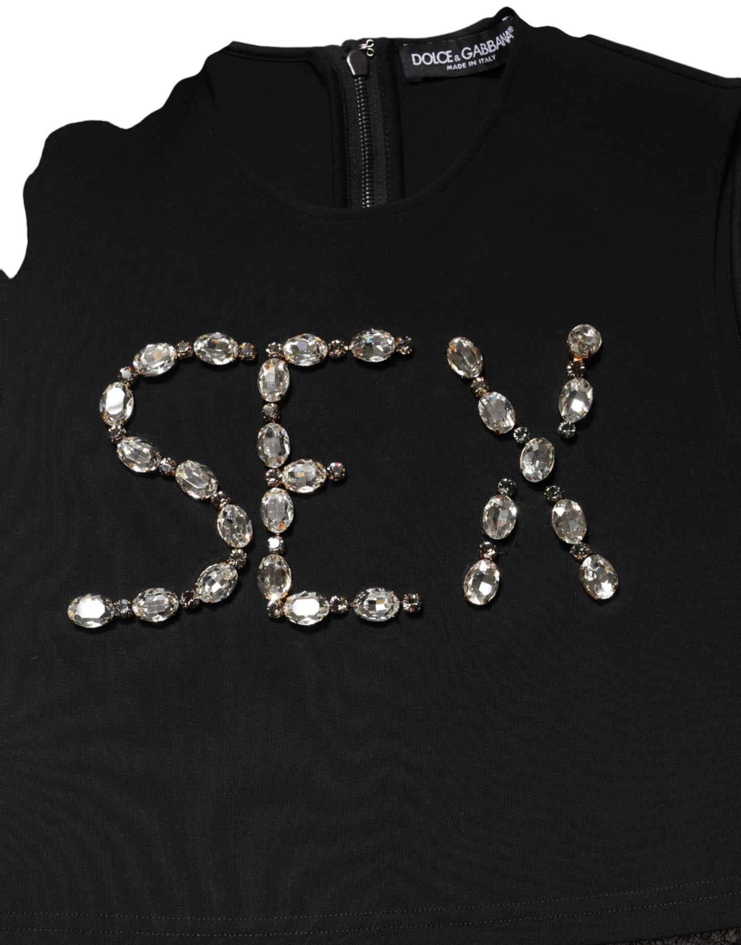 Dolce & Gabbana Schwarzes Jersey-Top mit Spitzenrüschen und Strass